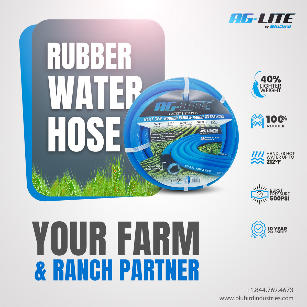 AG-Lite Garden Hose Reel Specifications Chart 3/4 inch 65 foot Rubber Hose 500 PSI