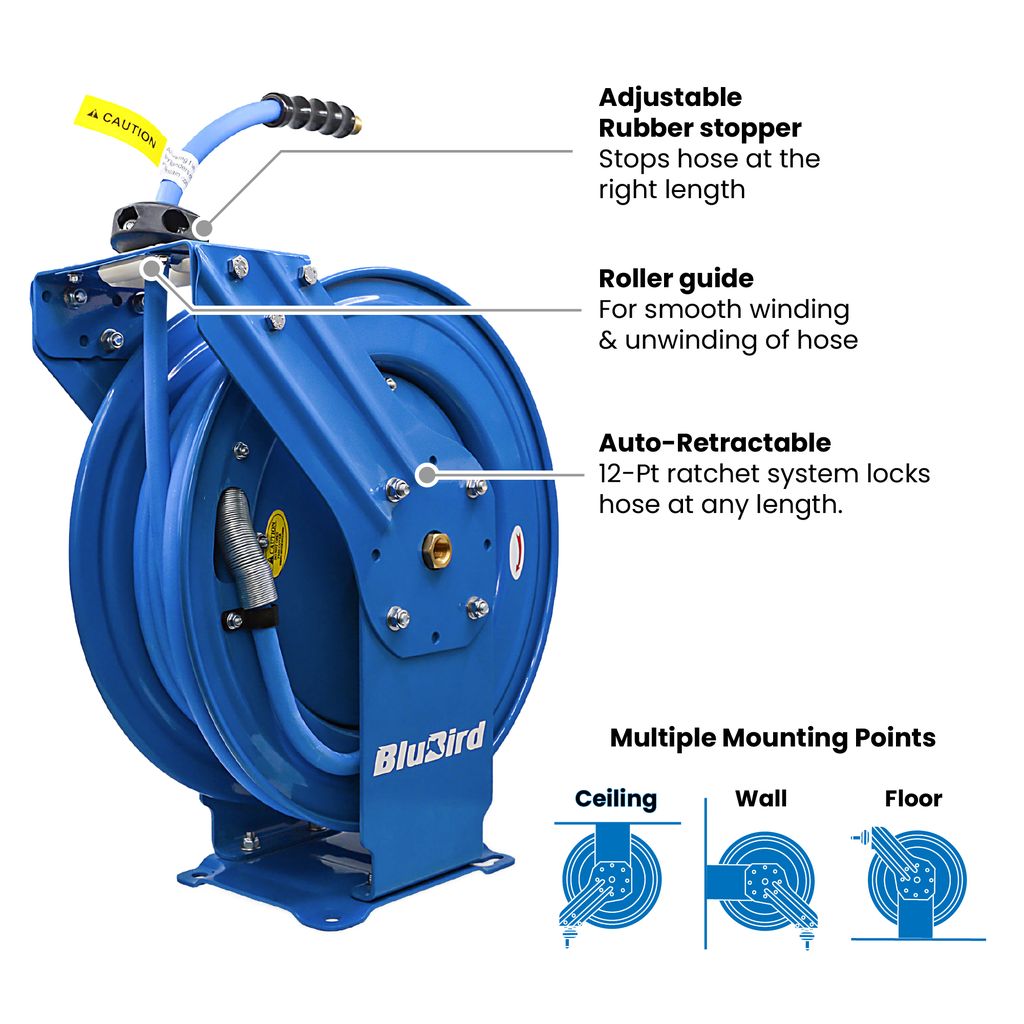 BluBird 3/8" Retractable Air Hose Reel with Rubber Air Hose, 300 PSI, Powder-Coated Steel, 12-Point Ratchet Lock, Wall/Ceiling Mount, Brass Fittings