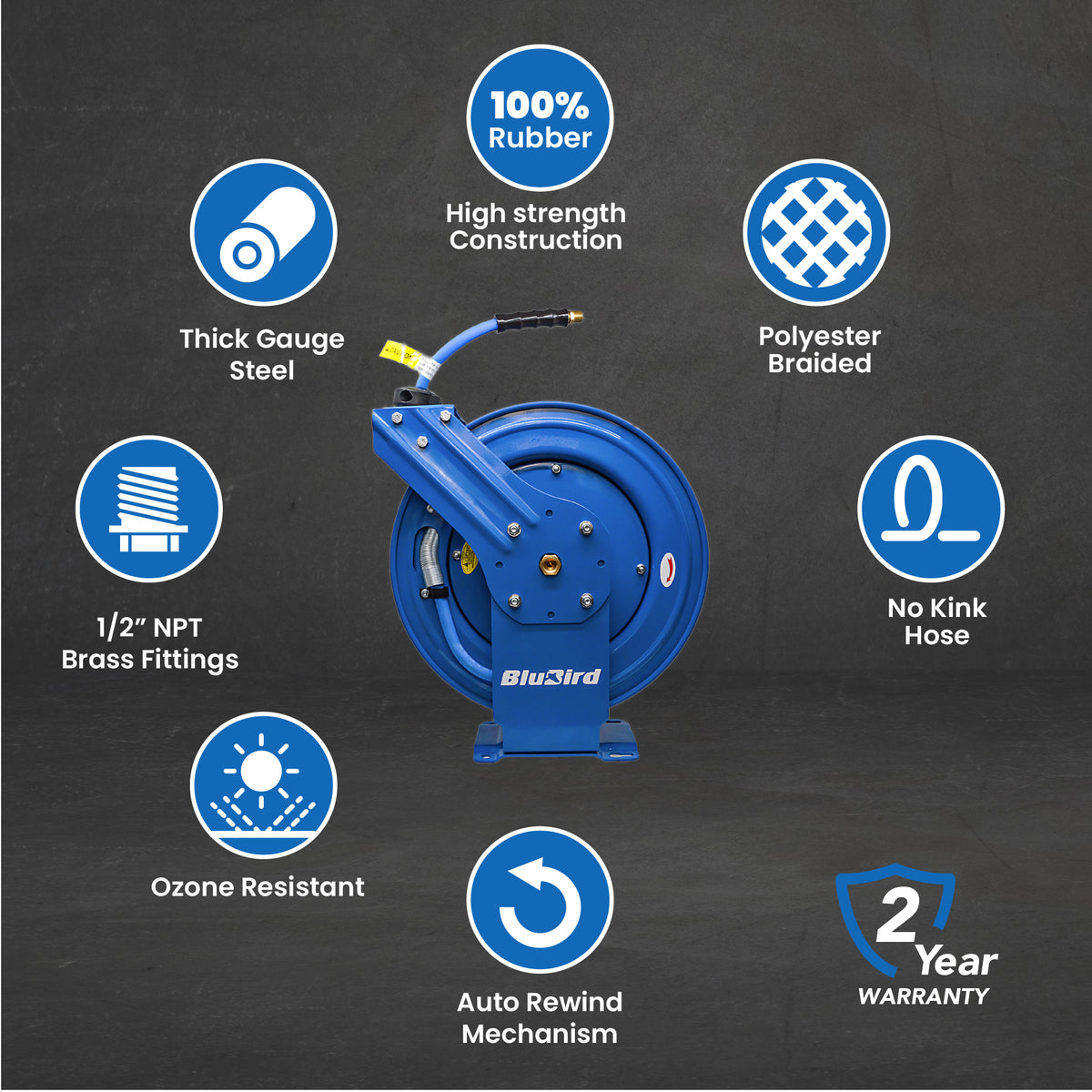 BluBird Air Hose Reel 1/2" Retractable Dual Arm Heavy Duty with Rubber Hose 300 PSI