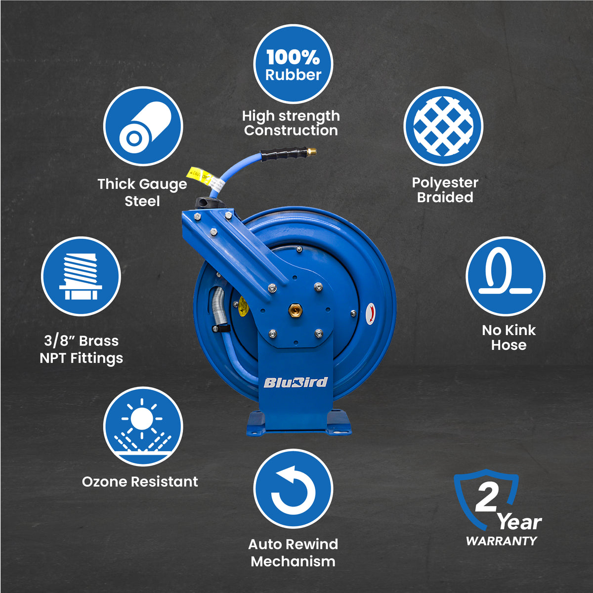 BluBird Air Hose Reel 3/8" Retractable Dual Arm Heavy Duty with Rubber Hose 300 PSI