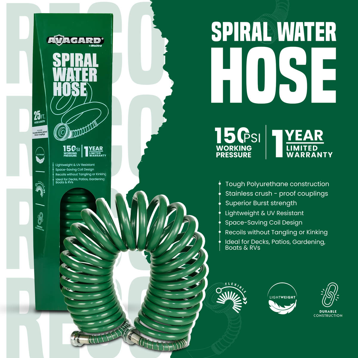 Avagard Recoil Water Hose 3/8" X 50' Green