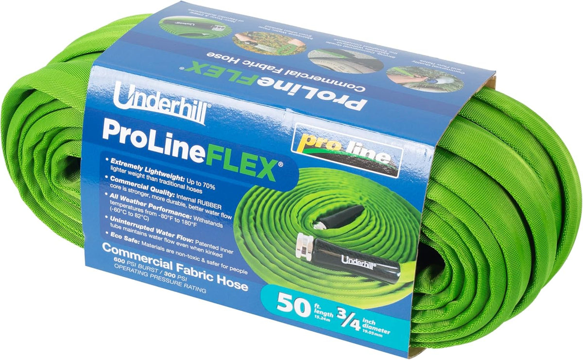 Underhill 3/4" ProLine Flex Fabric Hose, Flexible, Rubber Core, Lightweight, Collapsible, Aluminum End Fittings, Hot Water Safe, 600 PSI Burst Pressure, 300 PSI Working Pressure