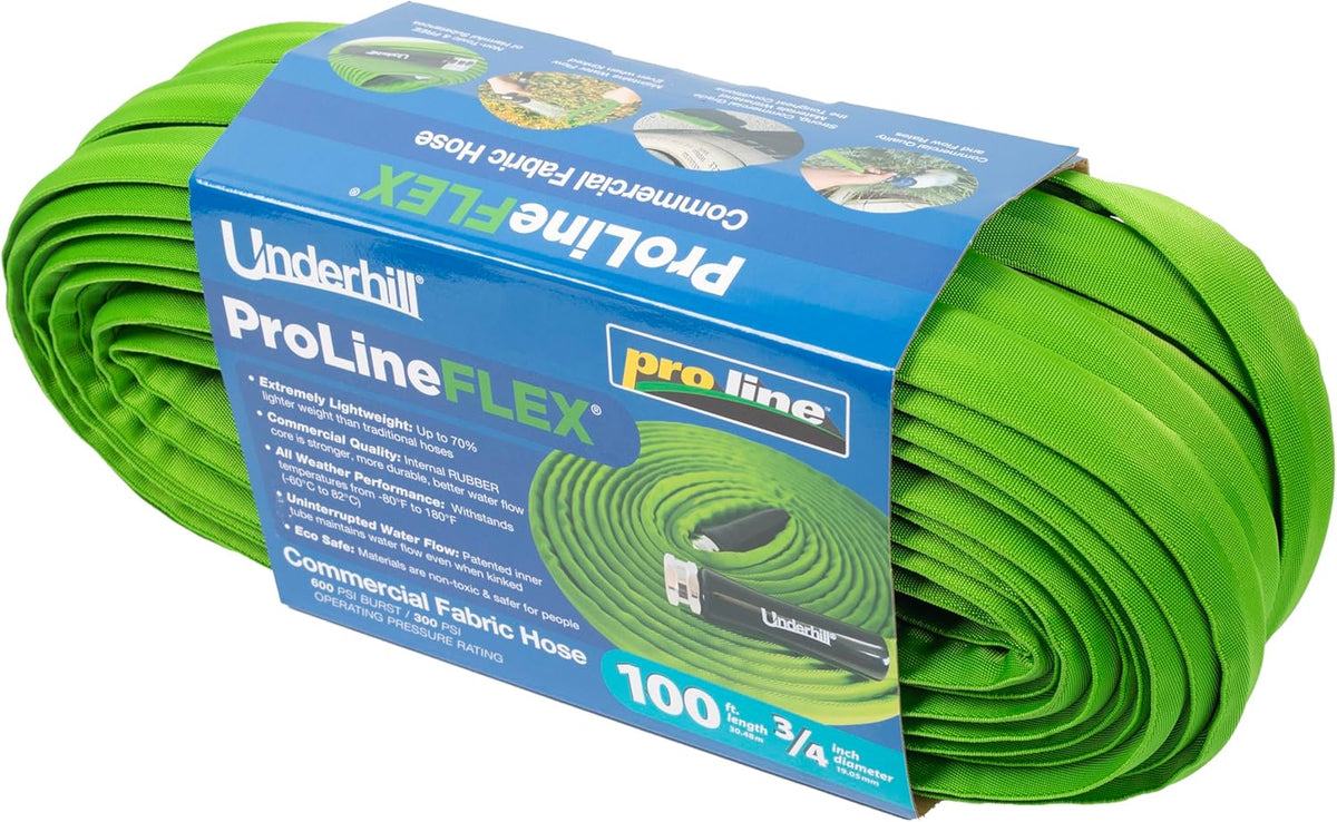 Underhill 3/4" ProLine Flex Fabric Hose, Flexible, Rubber Core, Lightweight, Collapsible, Aluminum End Fittings, Hot Water Safe, 600 PSI Burst Pressure, 300 PSI Working Pressure