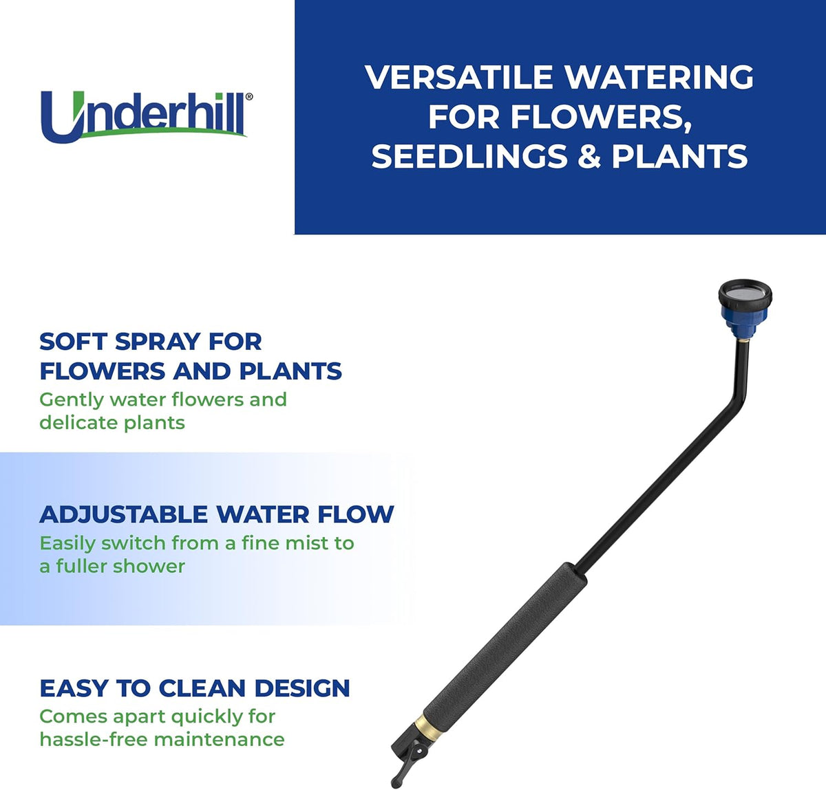 Underhill Proline Gentle Shower Spray Wand – 30" Wand, ¾″ GHT with Shower Head Nozzle (RPW-75PL)