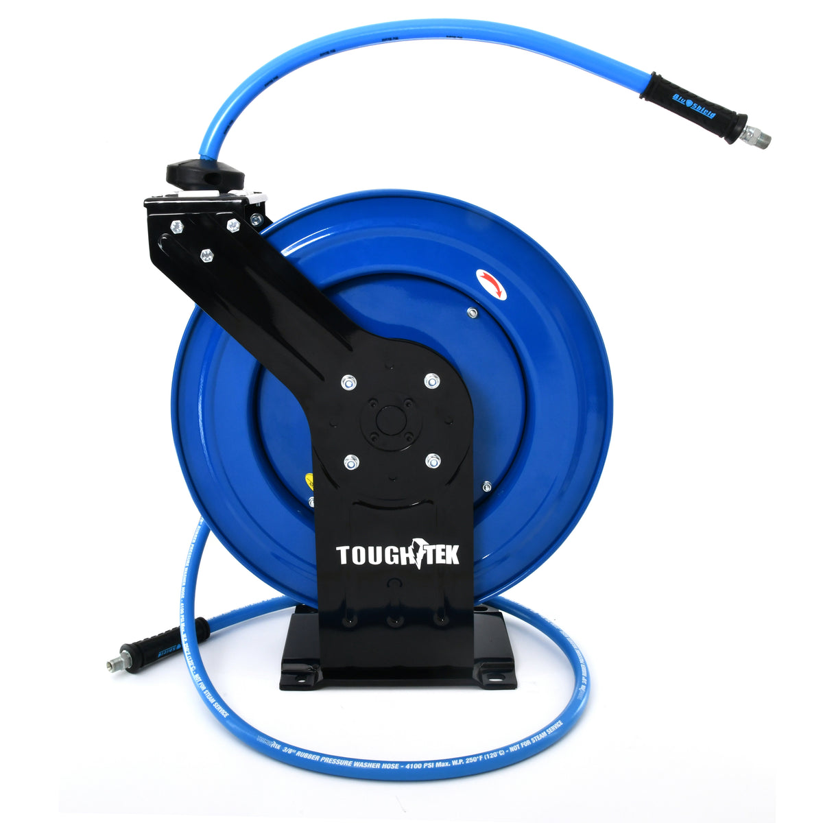 Dévidoir de tuyau de nettoyeur haute pression en caoutchouc BluShield Tough Tek de 3/8 po (double bras) avec tuyau d'alimentation de 6 pieds