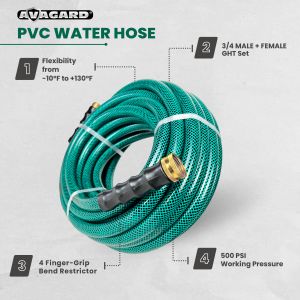 Tuyau d'arrosage PVC Avagard 3/4" X 15', raccords GHT mâle et femelle 3/4". Pression d'éclatement 500 PSI. Comprend une rondelle supplémentaire et un limiteur de pliage. Lot de 2.