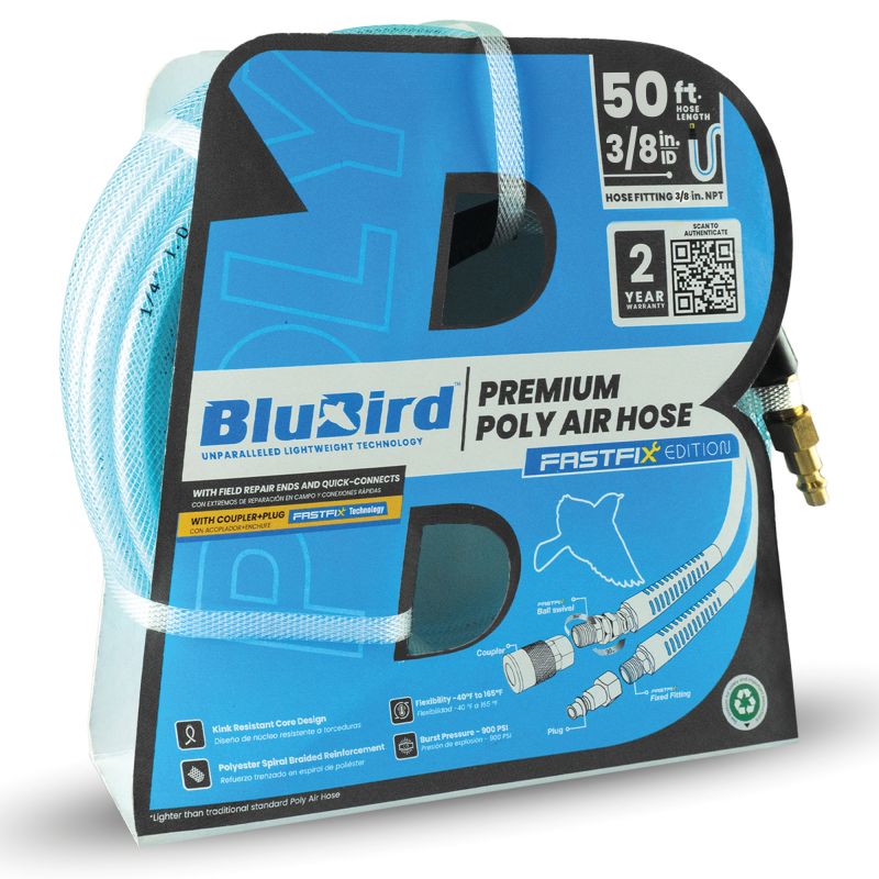BluBird 3/8” x 50’ Poly Air Hose with Fast FiX™ Field Repairable Fitting & Quick Connect Coupler