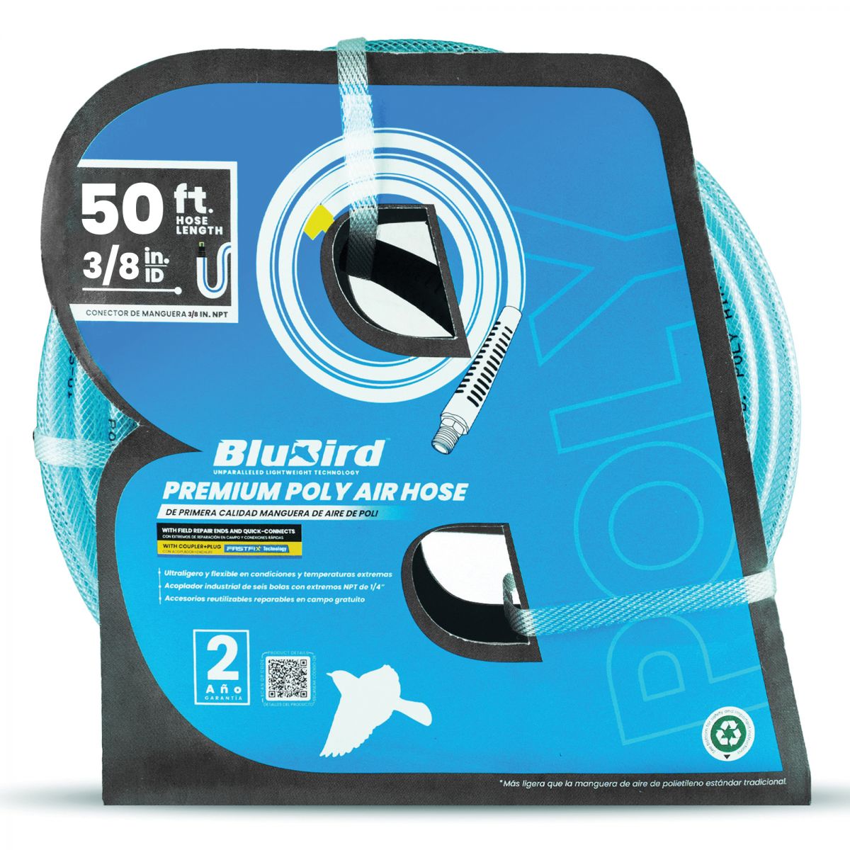 BluBird 3/8” x 50’ Poly Air Hose with Fast FiX™ Field Repairable Fitting & Quick Connect Coupler