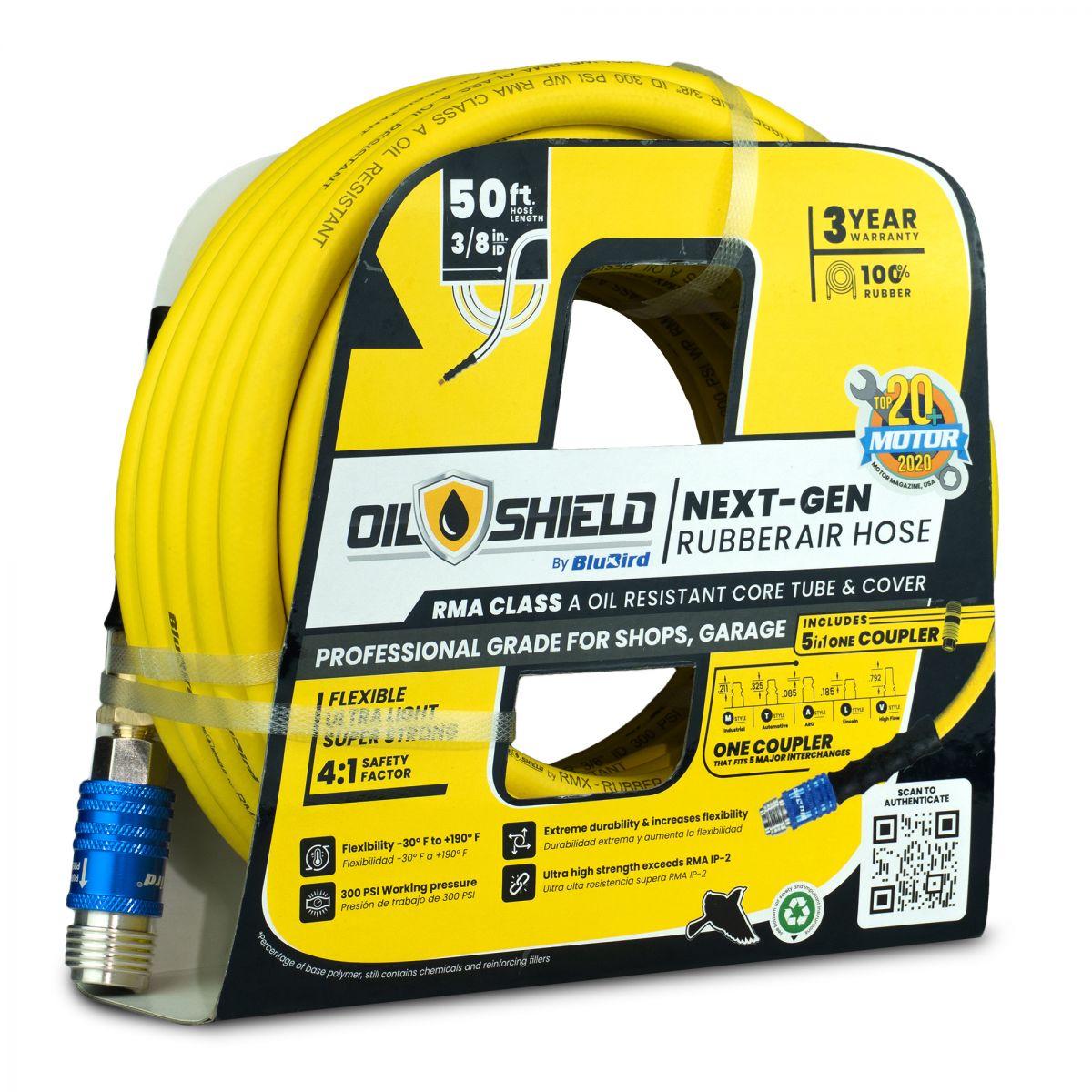 OilShield Rubber Air Hose 3/8" X 50' - 3/8" Male-NPT, 300 PSI, Nitrile Class A with Universal 5 in 1 coupler