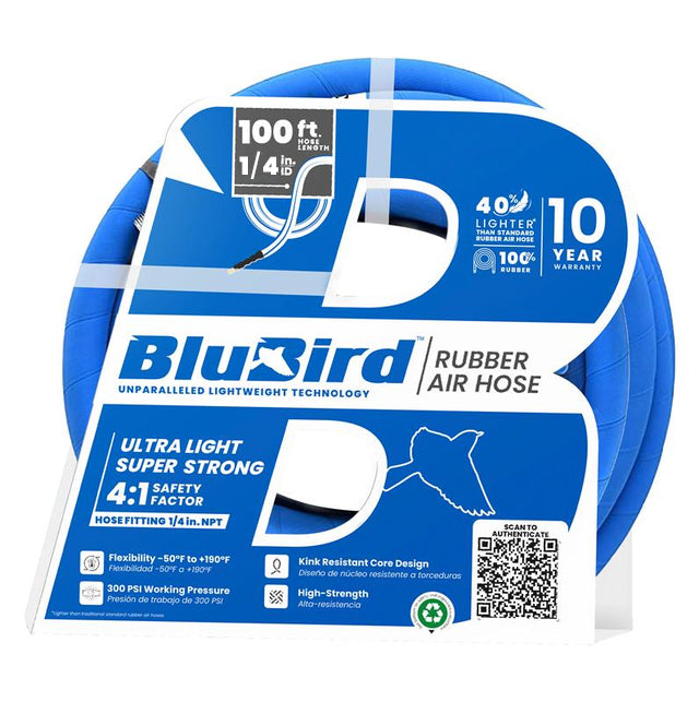 BluBird Rubber Air Hose 1/4 in. Heavy Duty 300 PSI Male NPT Polyester Woven Lightest Strongest Flexible.