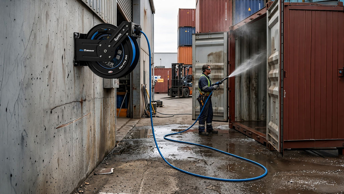 Blu Shield The Slayer Hybrid Pressure Washing Hose Reel 1/4" X 100'-Blue