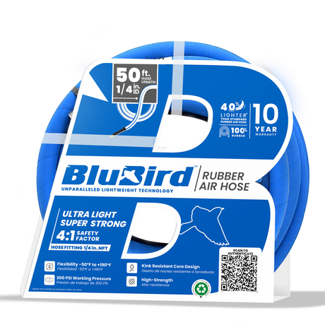 BluBird Rubber Air Hose 1/4 in. Heavy Duty 300 PSI Male NPT Polyester Woven Lightest Strongest Flexible.