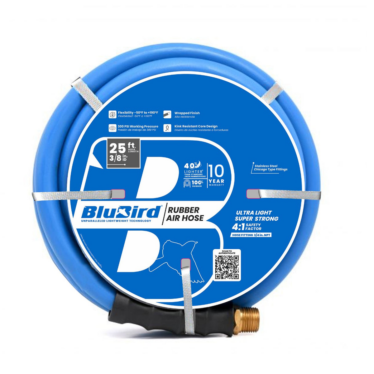 BluBird Rubber Air Hose 3/8 in. Heavy Duty 300 PSI Male NPT Polyester Woven Lightest Strongest Flexible