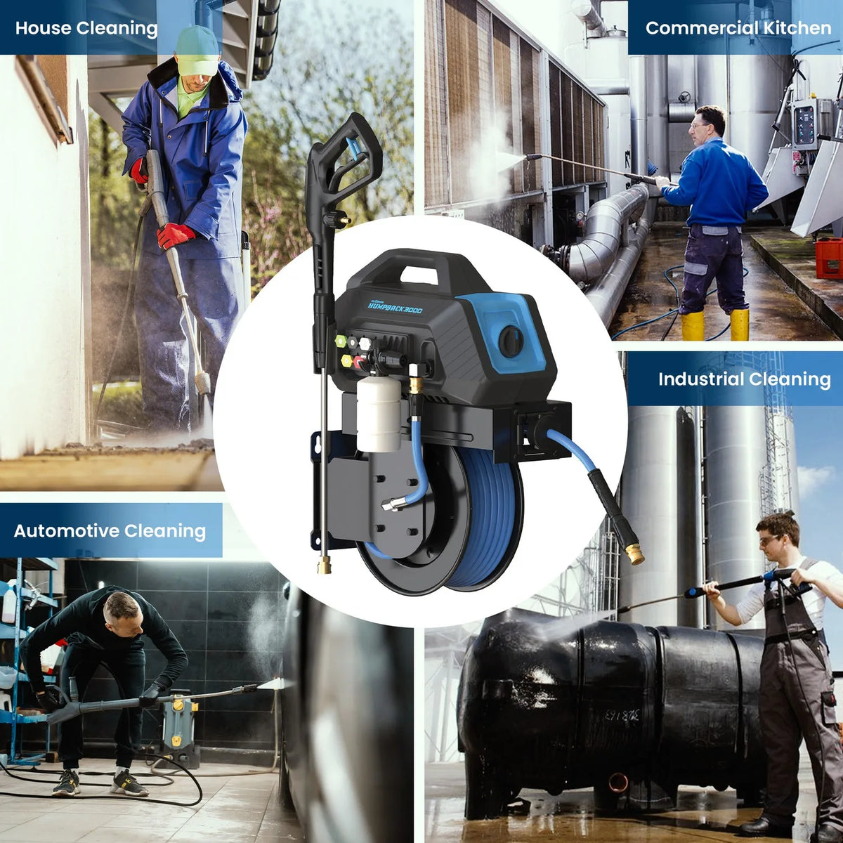 Blu Shield HumpBack 3000PSI All-in-One Electric Pressure Washer System, Auto-Retractable Hose Reel, Industrial Pump, Wall or Floor Mount