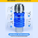 BluBird 3/8" x 50' Rubber Air Hose with Universal 5-in-1 Coupler for M/ V/ A/ T/ L Style plugs