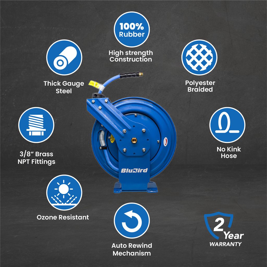 BluBird 3/8" Retractable Air Hose Reel with Rubber Air Hose, 300 PSI, Powder-Coated Steel, 12-Point Ratchet Lock, Wall/Ceiling Mount, Brass Fittings