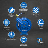 BluBird 3/8" Retractable Air Hose Reel with Rubber Air Hose, 300 PSI, Powder-Coated Steel, 12-Point Ratchet Lock, Wall/Ceiling Mount, Brass Fittings