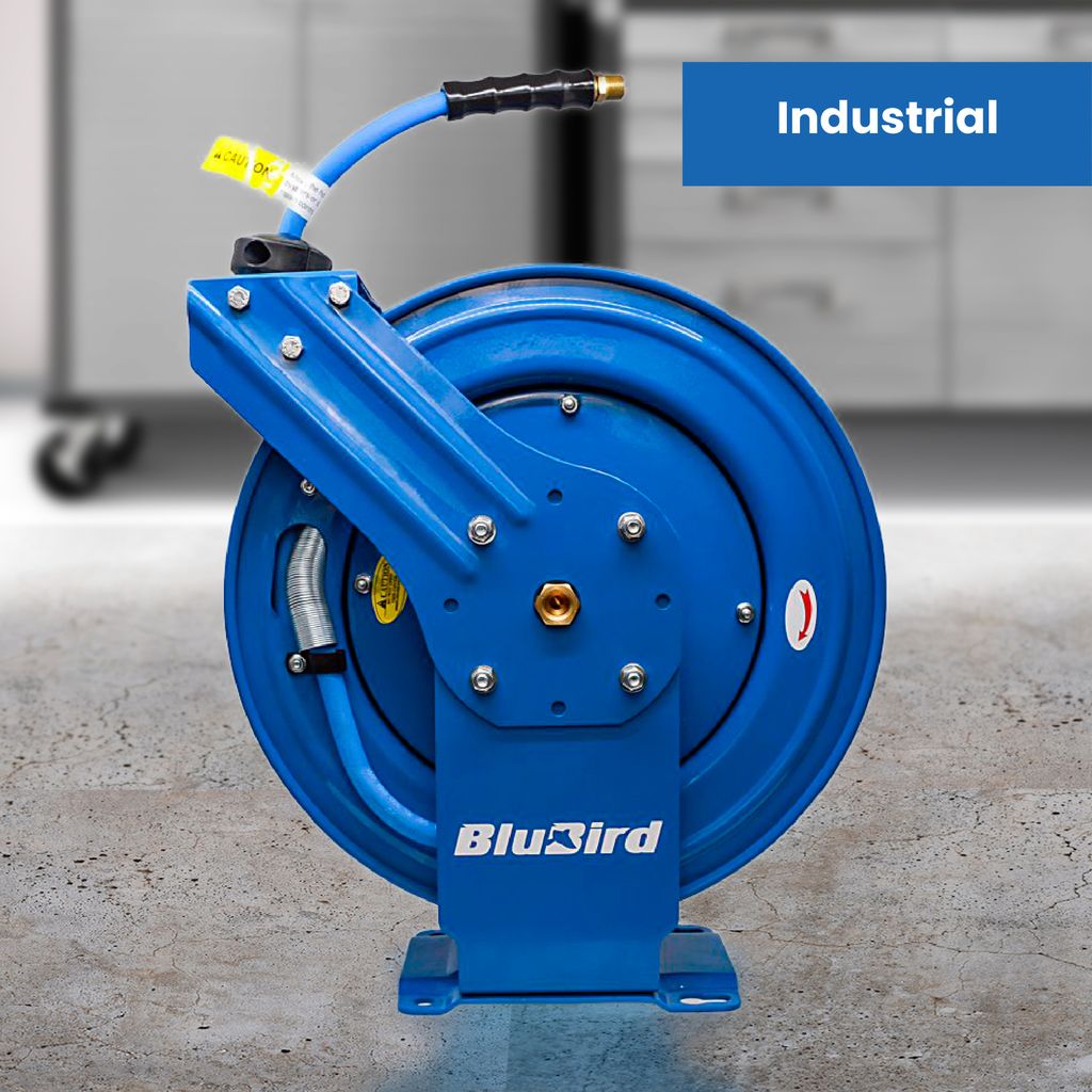 BluBird 3/8" Retractable Air Hose Reel with Rubber Air Hose, 300 PSI, Powder-Coated Steel, 12-Point Ratchet Lock, Wall/Ceiling Mount, Brass Fittings