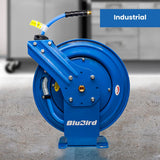 BluBird 3/8" Retractable Air Hose Reel with Rubber Air Hose, 300 PSI, Powder-Coated Steel, 12-Point Ratchet Lock, Wall/Ceiling Mount, Brass Fittings