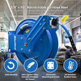 BluBird 3/8" Retractable Air Hose Reel with Rubber Air Hose, 300 PSI, Powder-Coated Steel, 12-Point Ratchet Lock, Wall/Ceiling Mount, Brass Fittings