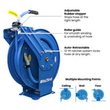 BluBird 3/8" Retractable Air Hose Reel with Rubber Air Hose, 300 PSI, Powder-Coated Steel, 12-Point Ratchet Lock, Wall/Ceiling Mount, Brass Fittings