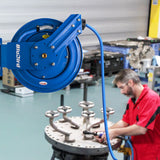BluBird 3/8" Retractable Air Hose Reel with Rubber Air Hose, 300 PSI, Powder-Coated Steel, 12-Point Ratchet Lock, Wall/Ceiling Mount, Brass Fittings