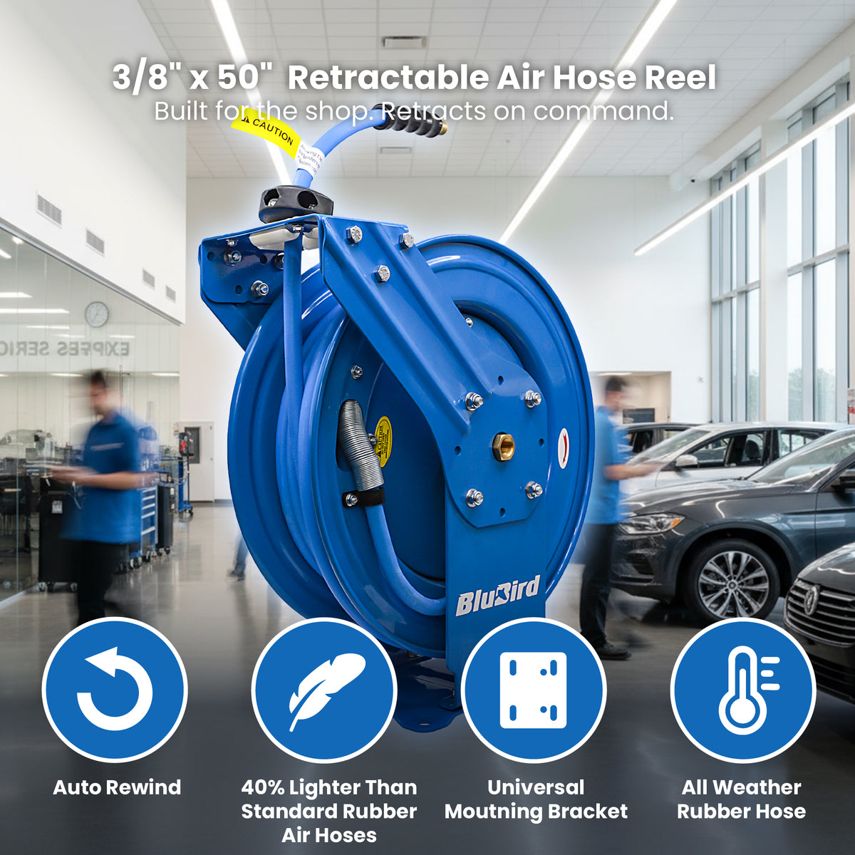 BluBird Air Hose Reel 3/8" Retractable Dual Arm Heavy Duty with Rubber Hose 300 PSI