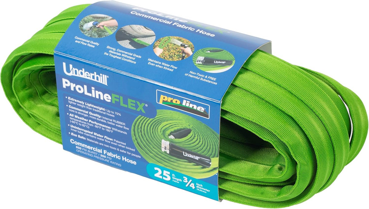 Underhill 3/4" ProLine Flex Fabric Hose, Flexible, Rubber Core, Lightweight, Collapsible, Aluminum End Fittings, Hot Water Safe, 600 PSI Burst Pressure, 300 PSI Working Pressure