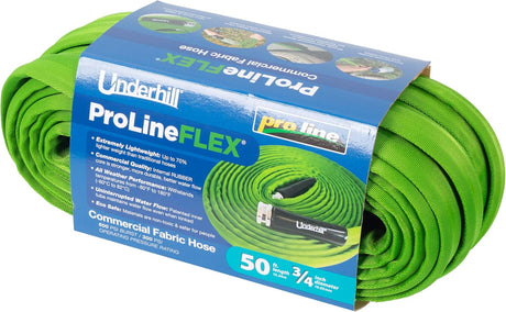 Underhill 3/4" ProLine Flex Fabric Hose, Flexible, Rubber Core, Lightweight, Collapsible, Aluminum End Fittings, Hot Water Safe, 600 PSI Burst Pressure, 300 PSI Working Pressure