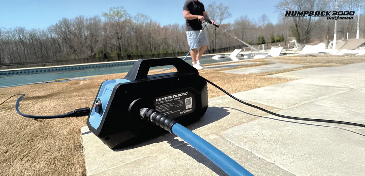 Blu Shield HumpBack 3000PSI All-in-One Electric Pressure Washer System, Auto-Retractable Hose Reel, Industrial Pump, Wall or Floor Mount