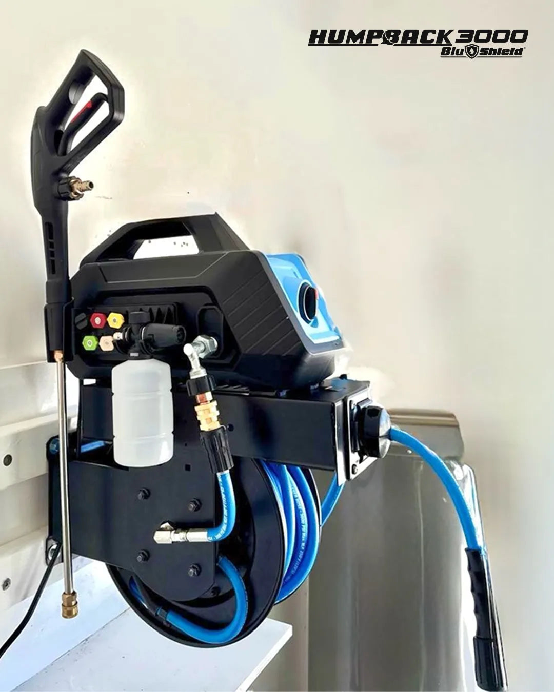Blu Shield HumpBack 3000PSI All-in-One Electric Pressure Washer System, Auto-Retractable Hose Reel, Industrial Pump, Wall or Floor Mount