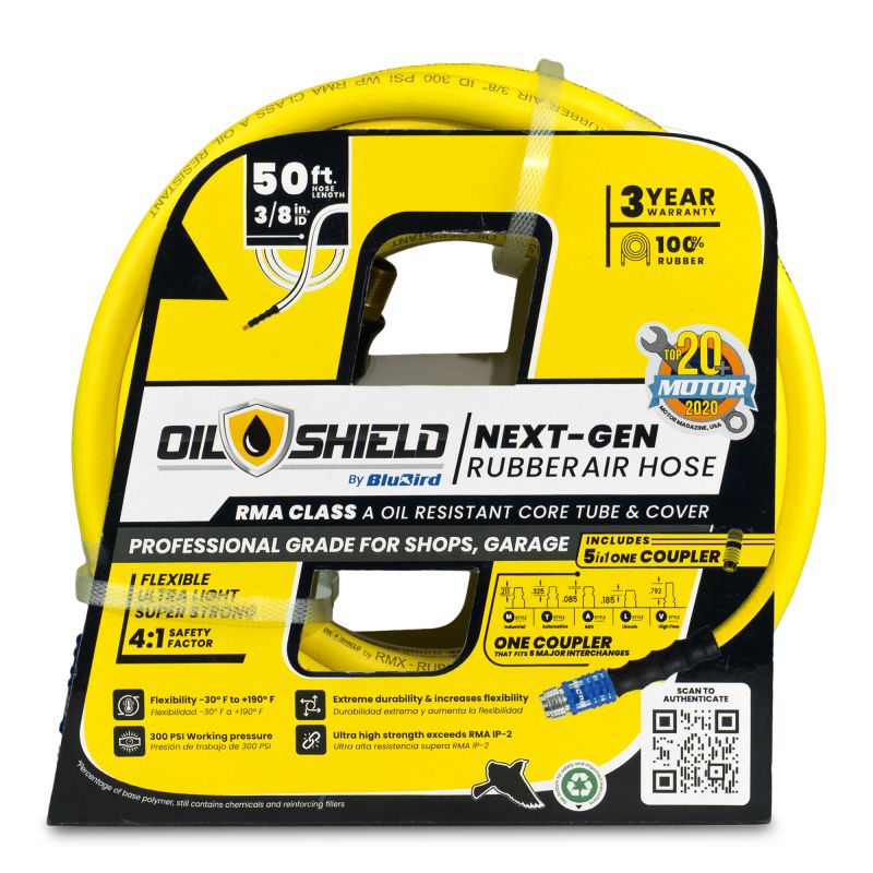 OilShield Rubber Air Hose 3/8" X 50' - 3/8" Male-NPT, 300 PSI, Nitrile Class A with Universal 5 in 1 coupler