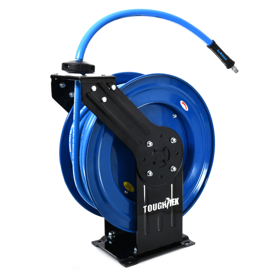 Dévidoir de tuyau de nettoyeur haute pression en caoutchouc BluShield Tough Tek de 3/8 po (double bras) avec tuyau d'alimentation de 6 pieds