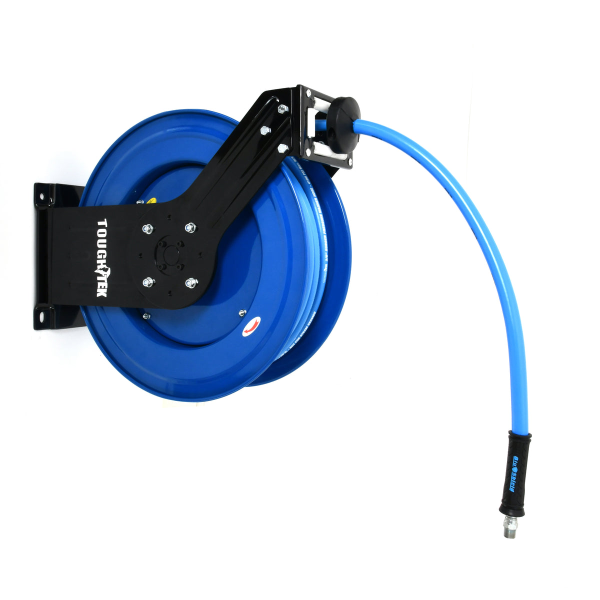 Dévidoir de tuyau de nettoyeur haute pression en caoutchouc BluShield Tough Tek de 3/8 po (double bras) avec tuyau d'alimentation de 6 pieds