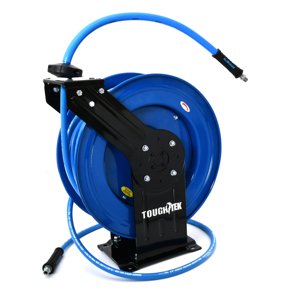 Dévidoir de tuyau de nettoyeur haute pression en caoutchouc BluShield Tough Tek de 3/8 po (double bras) avec tuyau d'alimentation de 6 pieds