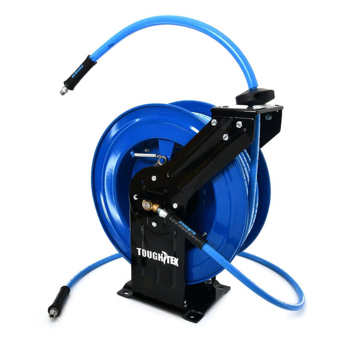 Dévidoir de tuyau de nettoyeur haute pression en caoutchouc BluShield Tough Tek de 3/8 po (double bras) avec tuyau d'alimentation de 6 pieds