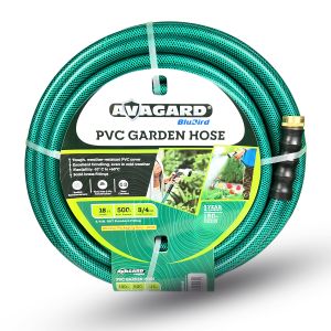 Tuyau d'arrosage PVC Avagard 3/4" X 15', raccords GHT mâle et femelle 3/4". Pression d'éclatement 500 PSI. Comprend une rondelle supplémentaire et un limiteur de pliage. Lot de 2.