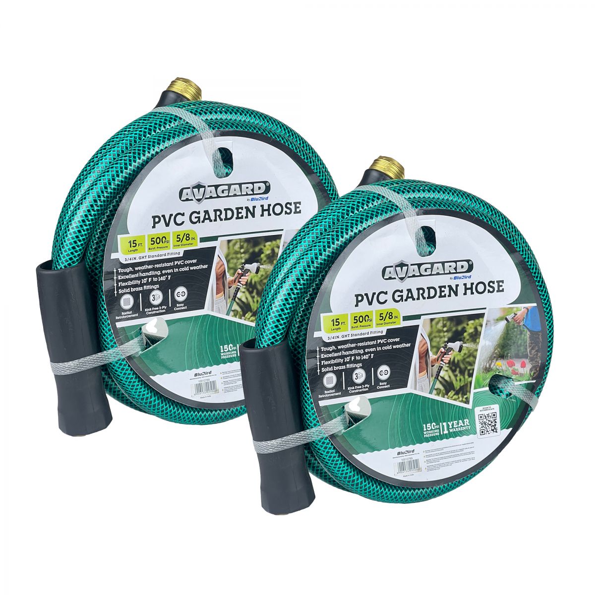 Tuyau d'arrosage PVC Avagard 5/8" X 15', raccords GHT mâle et femelle 3/4". Pression d'éclatement 500 PSI. Comprend une rondelle supplémentaire et un réducteur de pliage. Lot de 2.