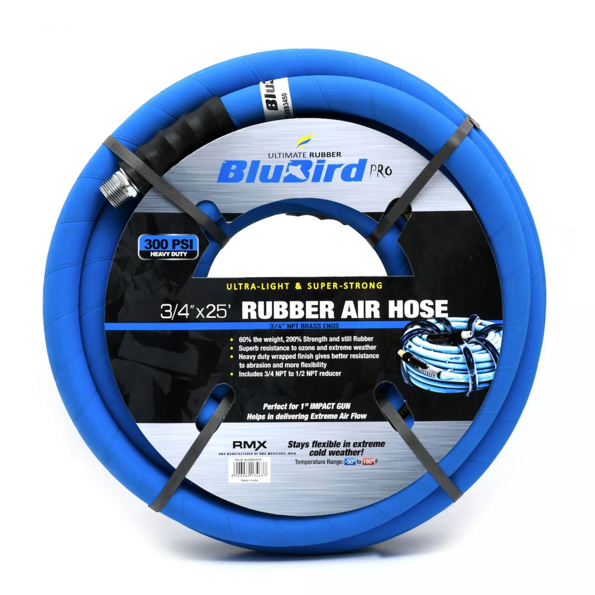 BluBird Pro 3/4" x 25' Rubber Air Hose Assembly – 3/4" Male NPT, 300 PSI EPDM