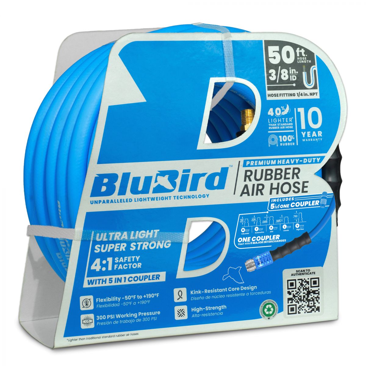 BluBird 3/8" x 50' Rubber Air Hose with Universal 5-in-1 Coupler for M/ V/ A/ T/ L Style plugs