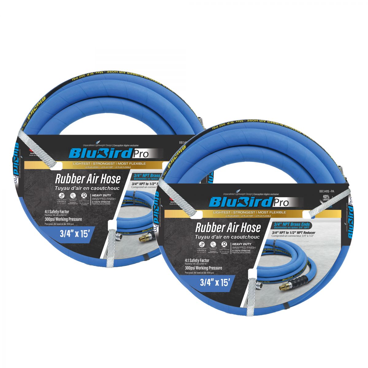 BluBird Pro Rubber Air Hose Assembly 3/4" X 15'- 3/4" Male-NPT, 300 PSI, EPDM, 2 Pack