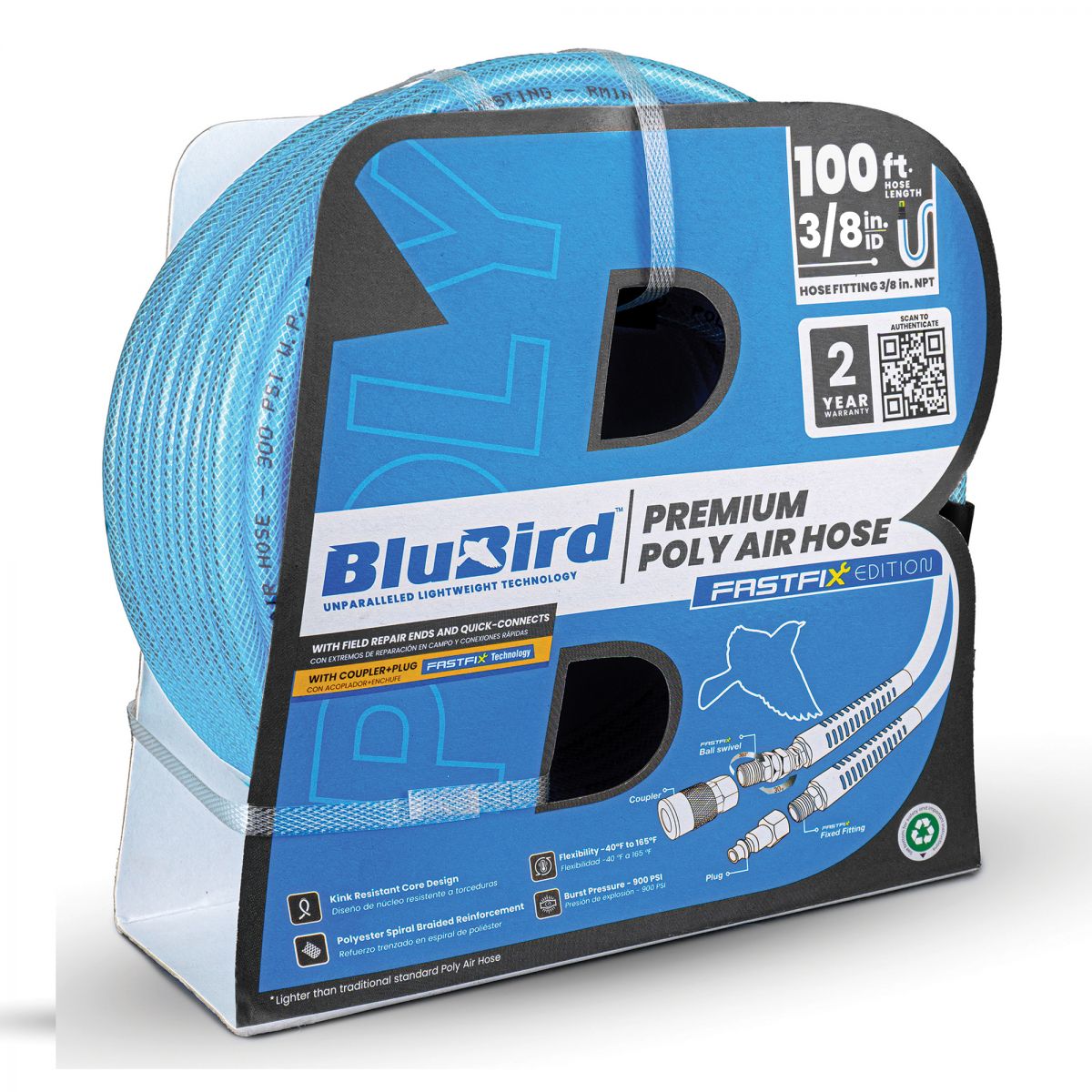 BluBird 3/8” x 50’ Poly Air Hose with Fast FiX™ Field Repairable Fitting & Quick Connect Coupler