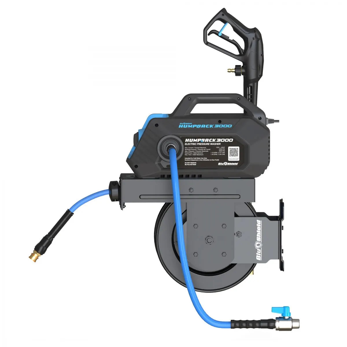 Blu Shield HumpBack 3000PSI All-in-One Electric Pressure Washer System, Auto-Retractable Hose Reel, Industrial Pump, Wall or Floor Mount