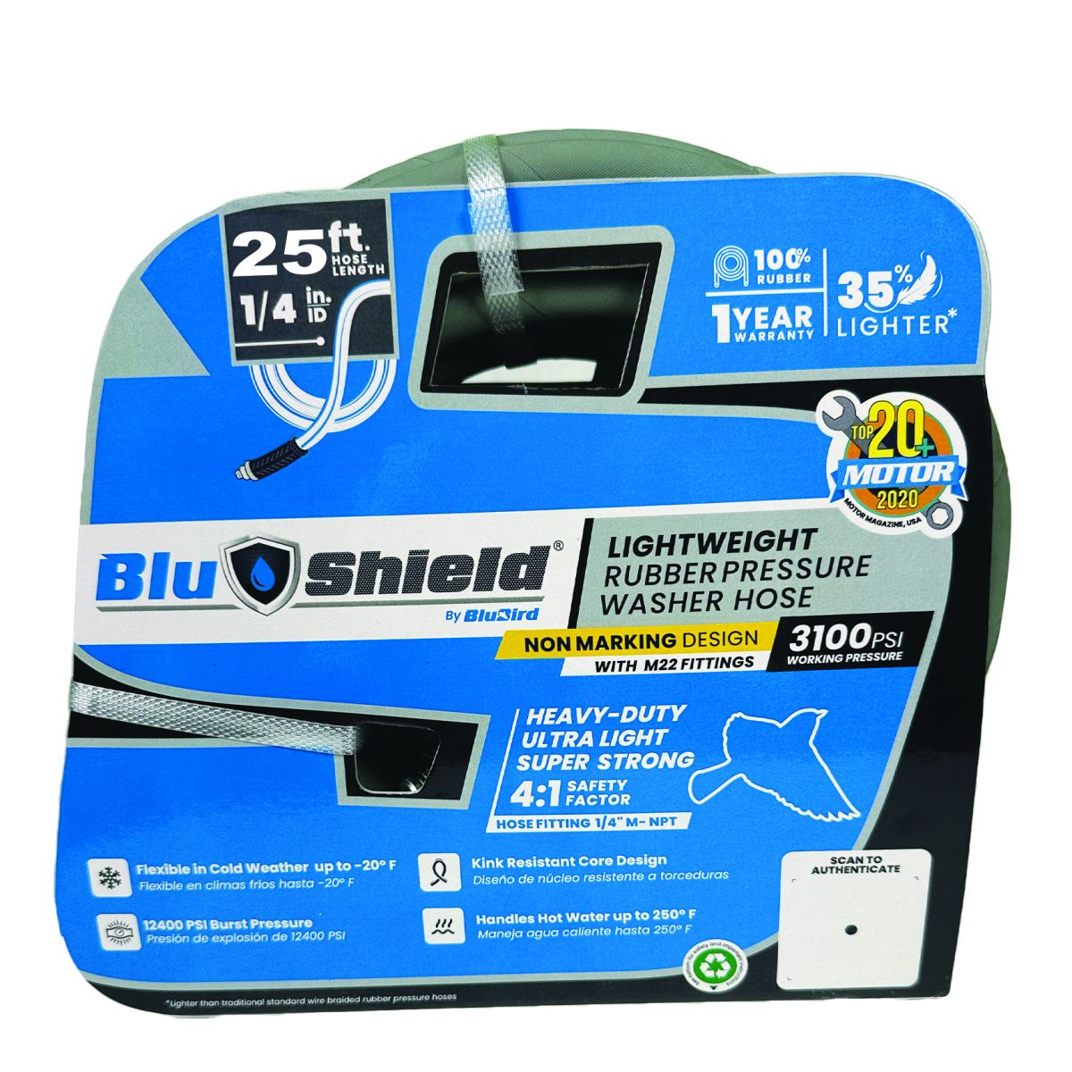 Blu Shield Rubber Pressure Washer Hose Assembly 1/4" w/ M22 Fittings Non Marking (3000:12000 PSI)
