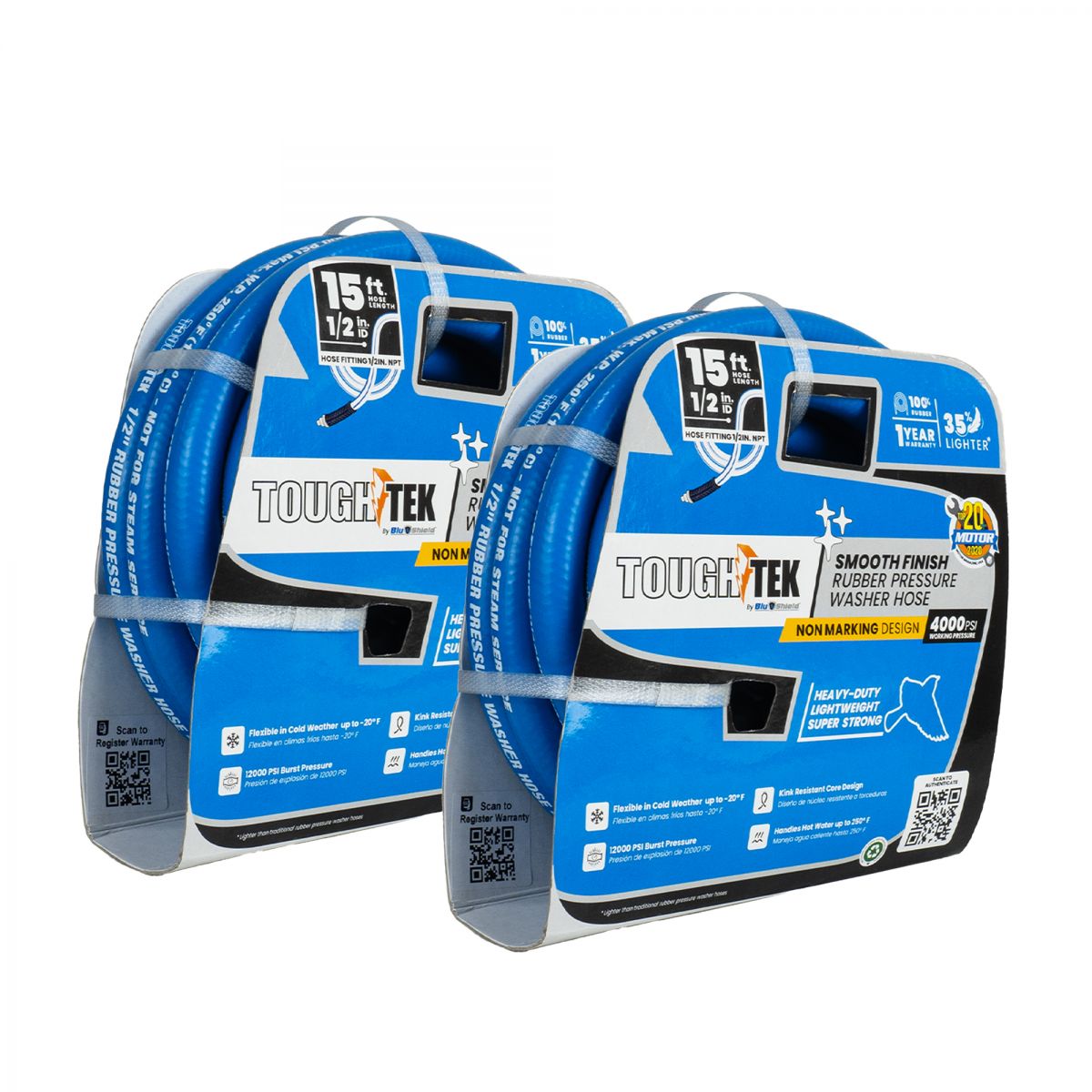 Blu Shield Tough Tek Rubber Pressure Washer Hose 1/2" X 15' (4000:16000 PSI) 2 Pack