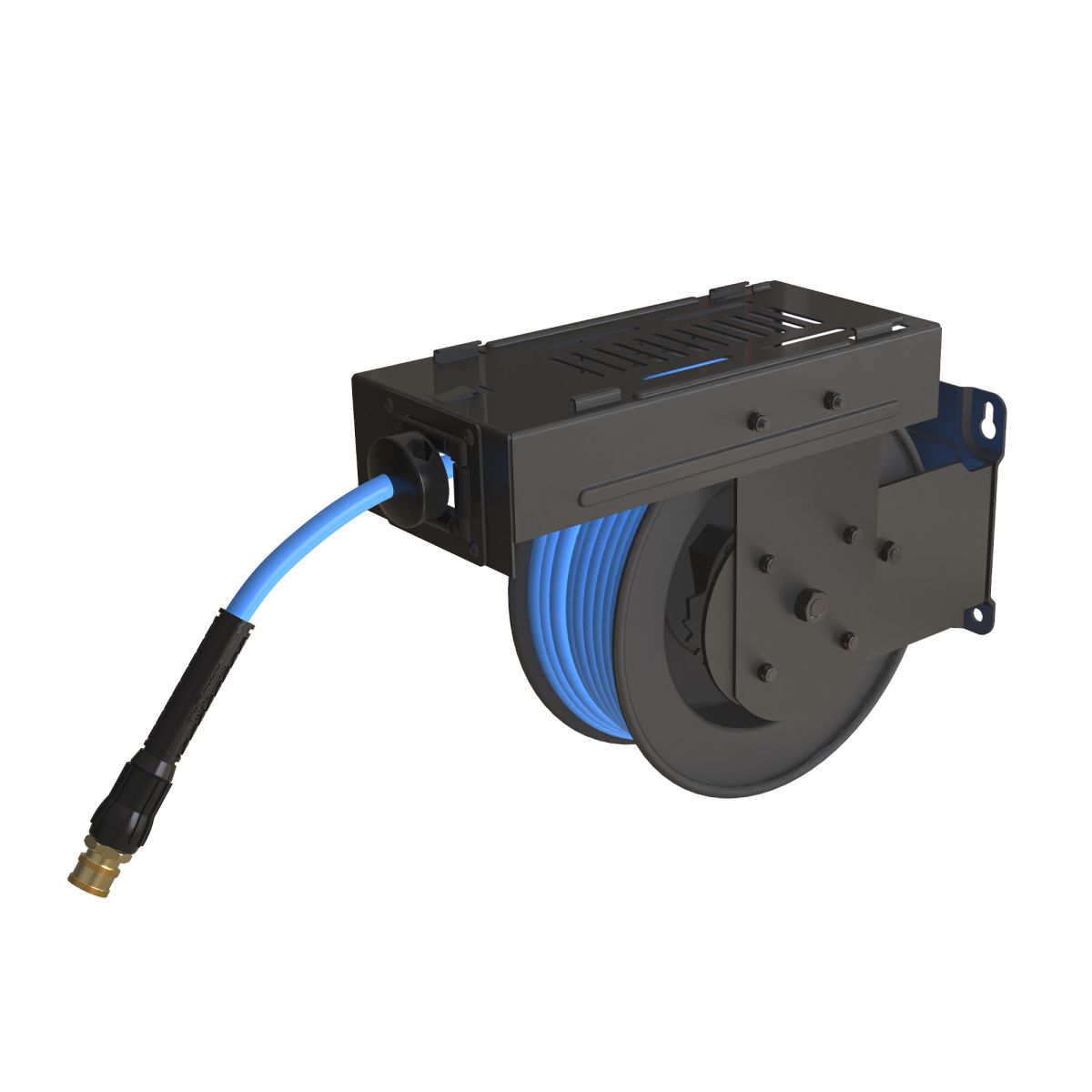 Enrouleur petit et large Blu Shield pour nettoyeur haute pression 1/4" X 50' avec plaque de glissement à dos de chameau + tuyau de raccordement 7" + tuyau d'arrivée 15'