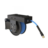 Enrouleur petit et large Blu Shield pour nettoyeur haute pression 1/4" X 50' avec plaque de glissement à dos de chameau + tuyau de raccordement 7" + tuyau d'arrivée 15'